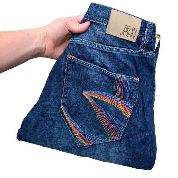VINTAGE Sean John Embroidered Jeans Size 34 'Rainbow Tidal' Blue - Picture 1 of 8